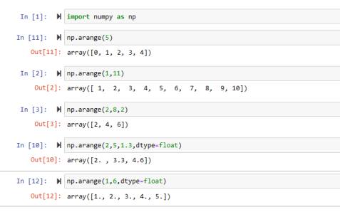 python numpy arange function code examples written on jupyter notebook