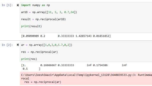 python numpy reciprocal function explained with easy python code examples in jupyter notebook