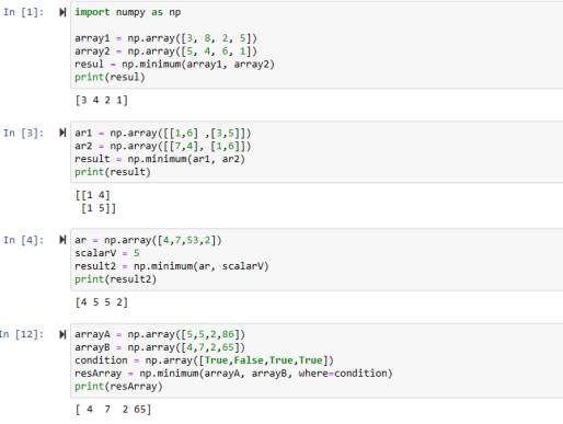 Python Numpy Minimum Function explained with easy python code examples in jupyter notebook