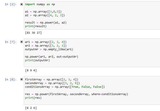 Power Function of Python Numpy explanation with python code examples parameters explained in jupyter notebook