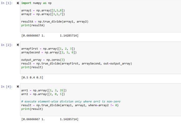 Python Numpy true_divide() Function explained with code examples in jupyter notebook python