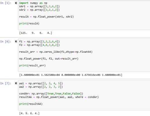 numpy.float_power() Numpy function code examples in python programming in jupyter notebook